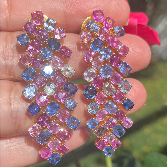 New Natural Colorful Sapphire Dangle Earrings in 18K Solid Gold ⭐️Heavy⭐️ - Picture 4 of 8